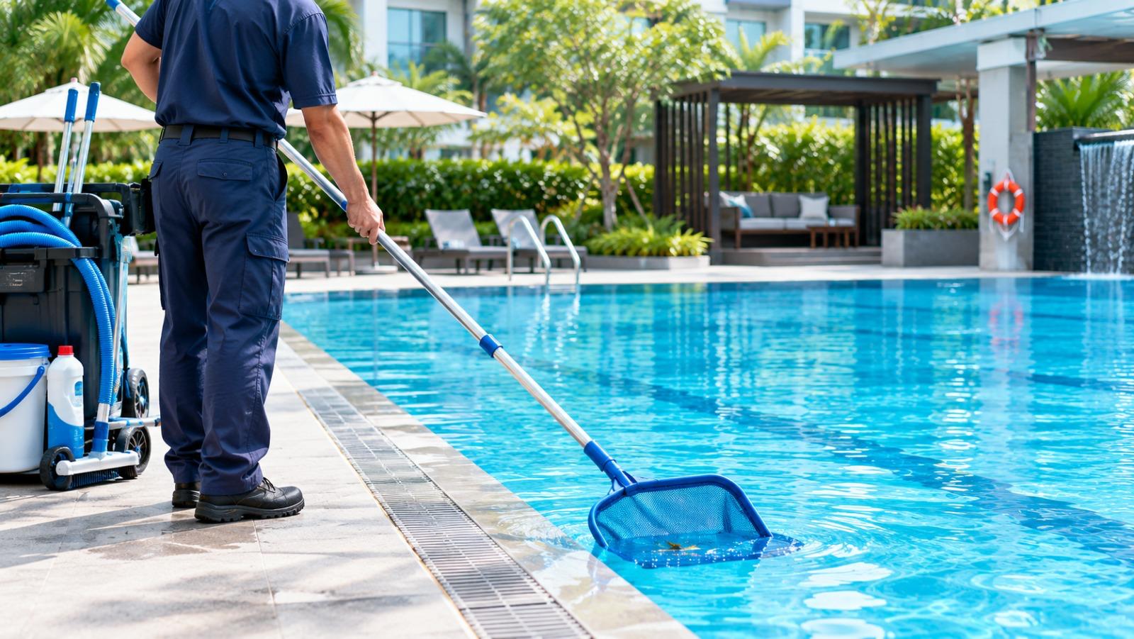 Pool maintenance service in progress